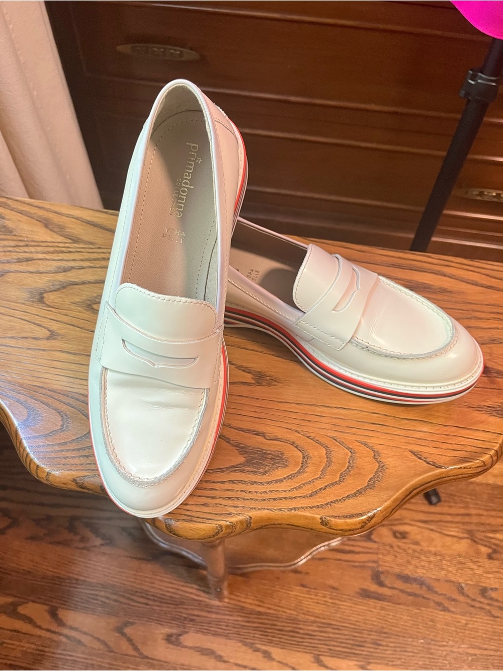 Prima Donna White Leather Loafers with Red-Trim Sole